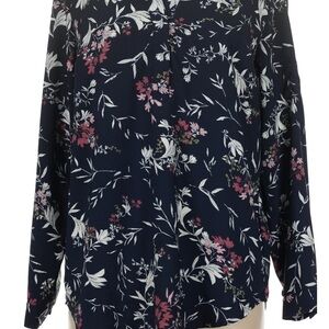 Navy Floral Button-Front Blouse with Pink & White Accents